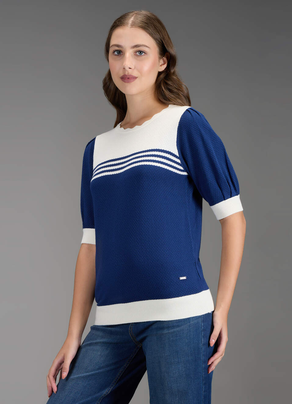 Women Blue Self Design Regular Fit Flat Knit Top, , large image number 7