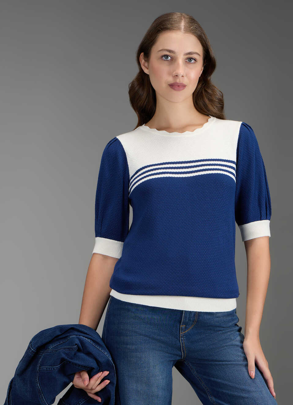 Women Blue Self Design Regular Fit Flat Knit Top, , large image number 0