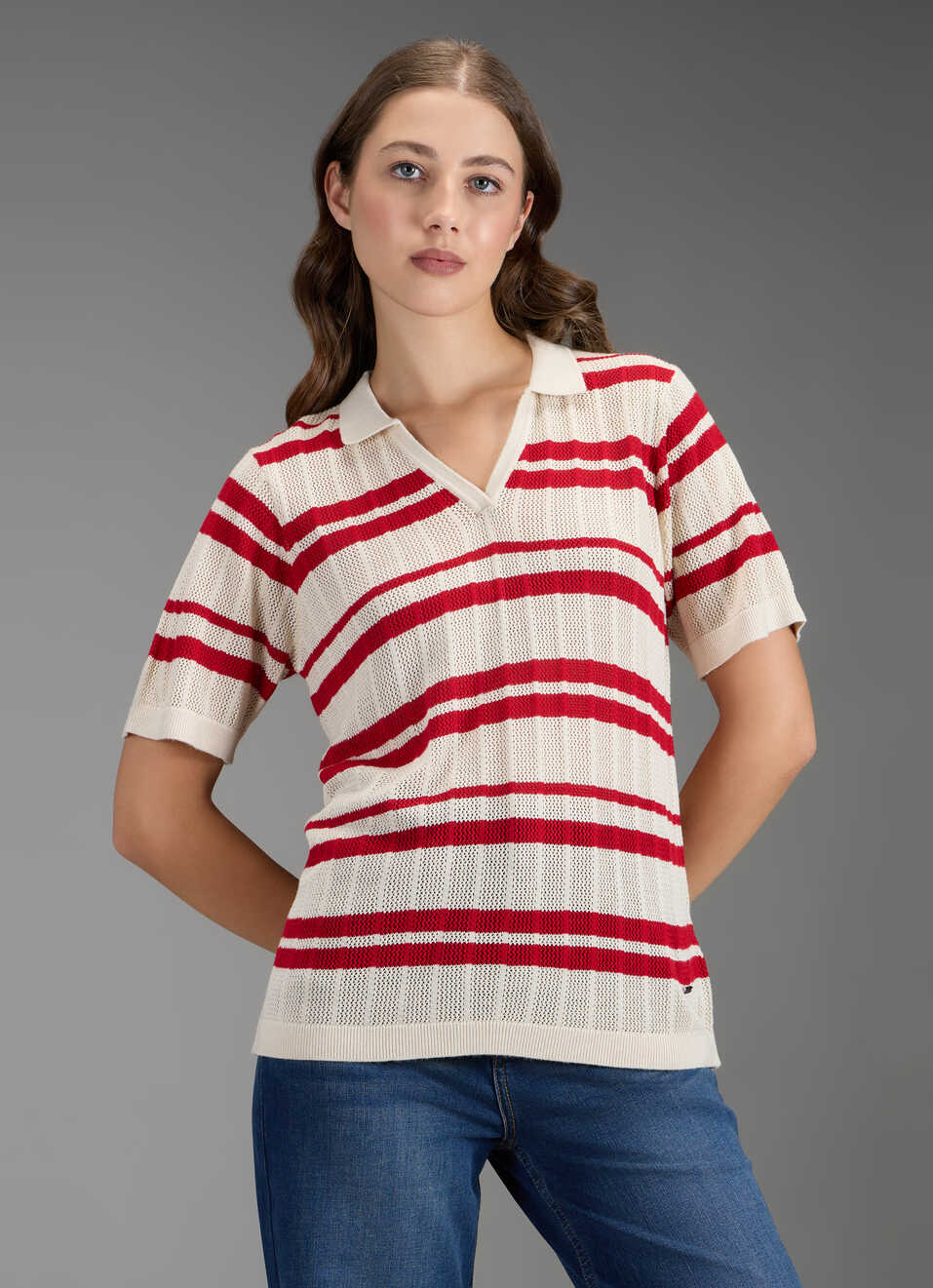 Women Red Self Design Regular Fit Flat Knit Top, , large image number 5