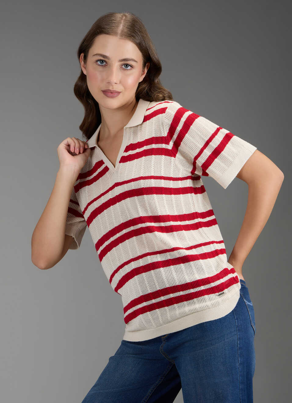 Women Red Self Design Regular Fit Flat Knit Top, , large image number 7