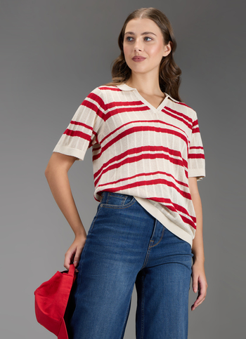 Women Red Self Design Regular Fit Flat Knit Top