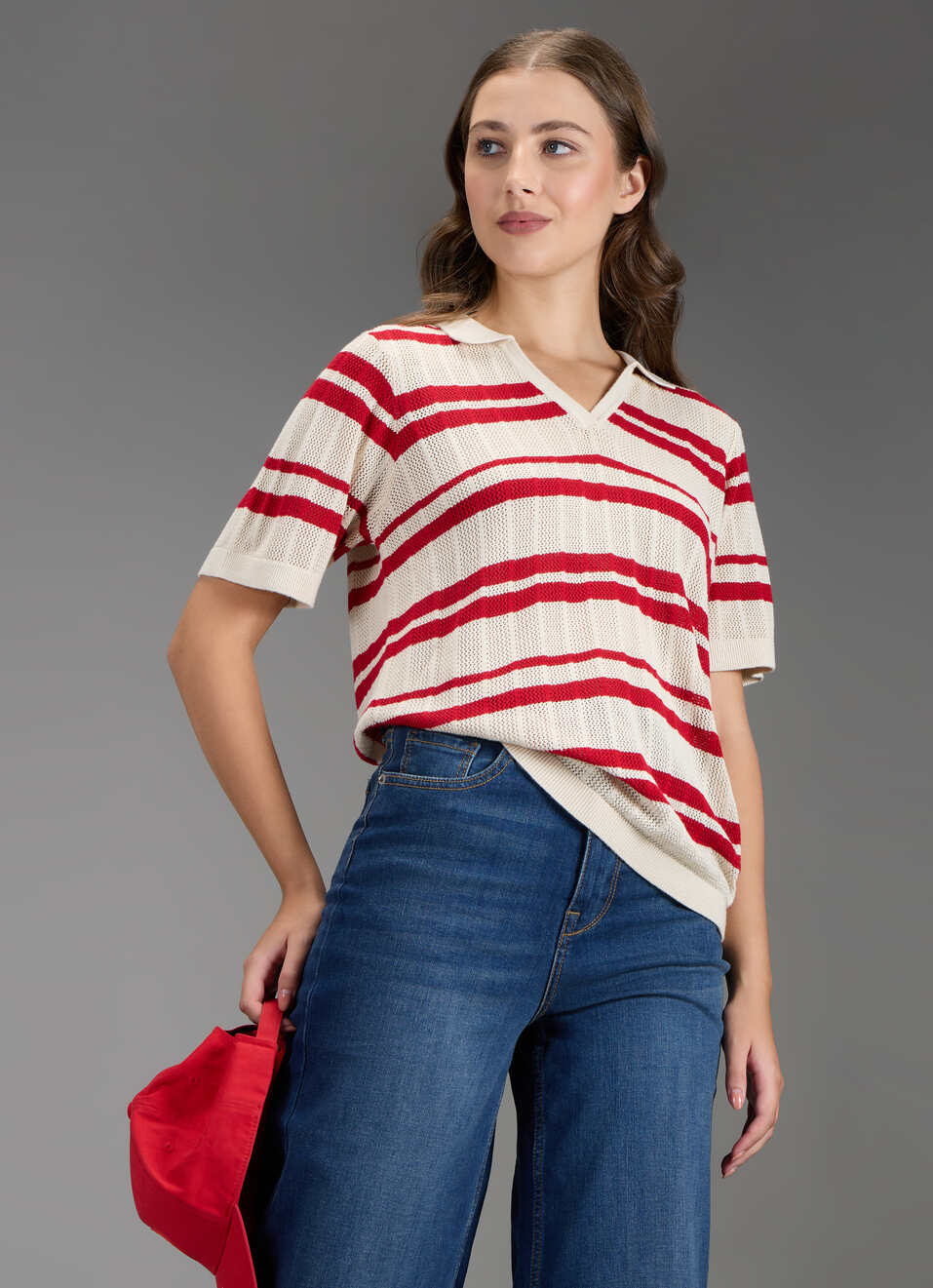 Women Red Self Design Regular Fit Flat Knit Top, , large image number 0