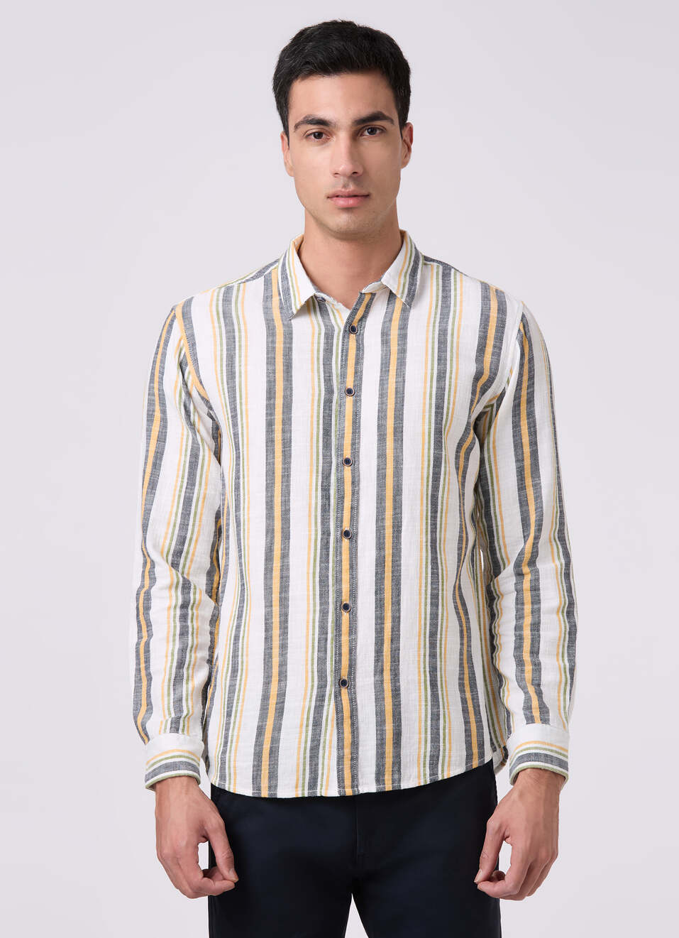 Men Yellow Striped Shirt, , large image number 1