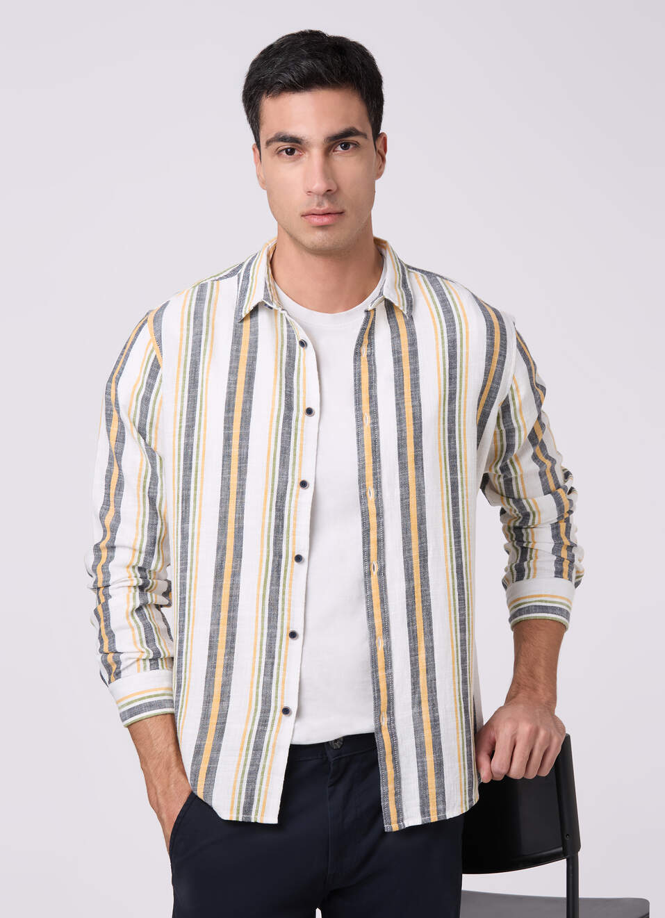 Men Yellow Striped Shirt, , large image number 0