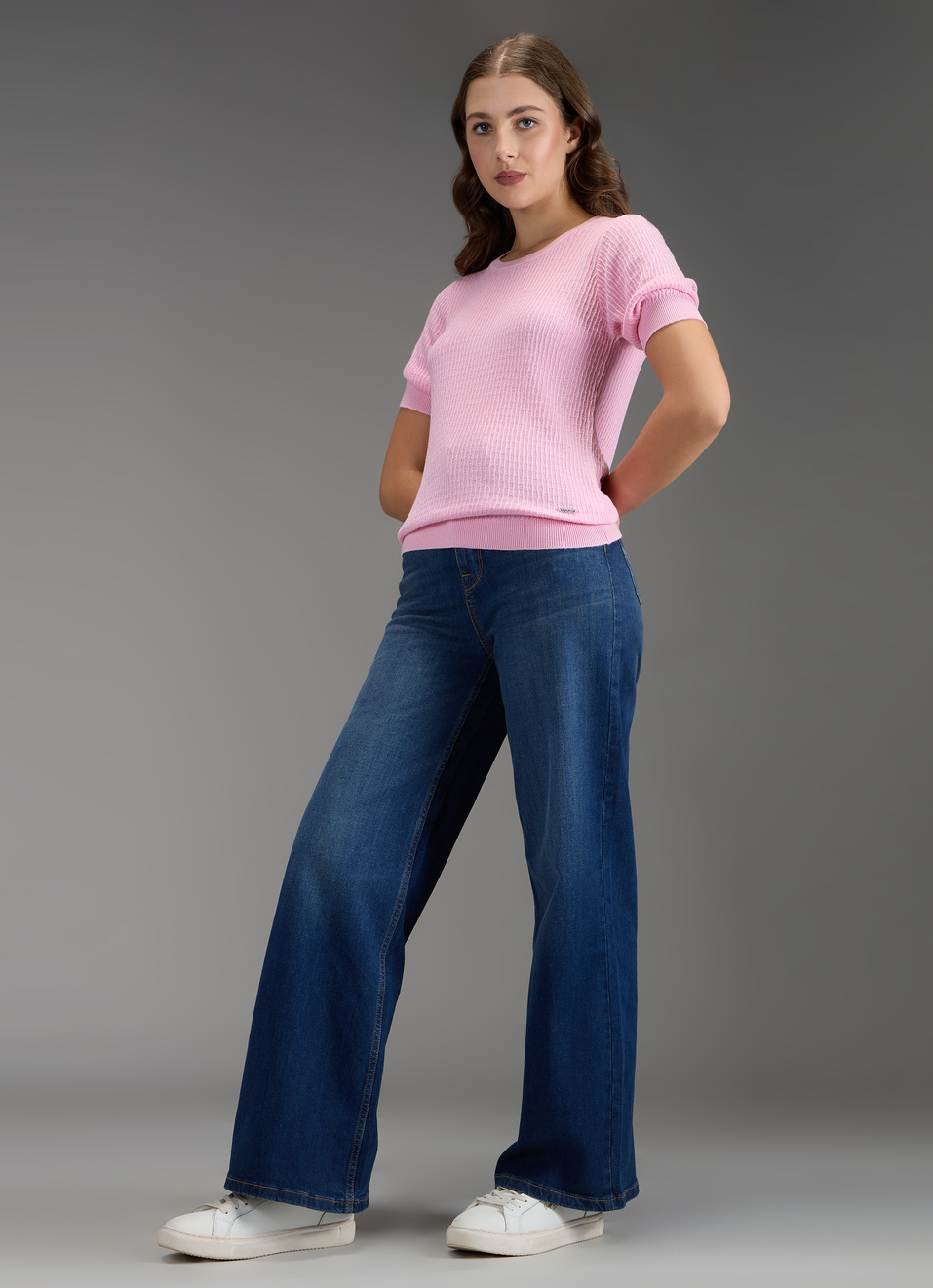 Women Pink Self Design Regular Fit Flat Knit Top, , large image number 2