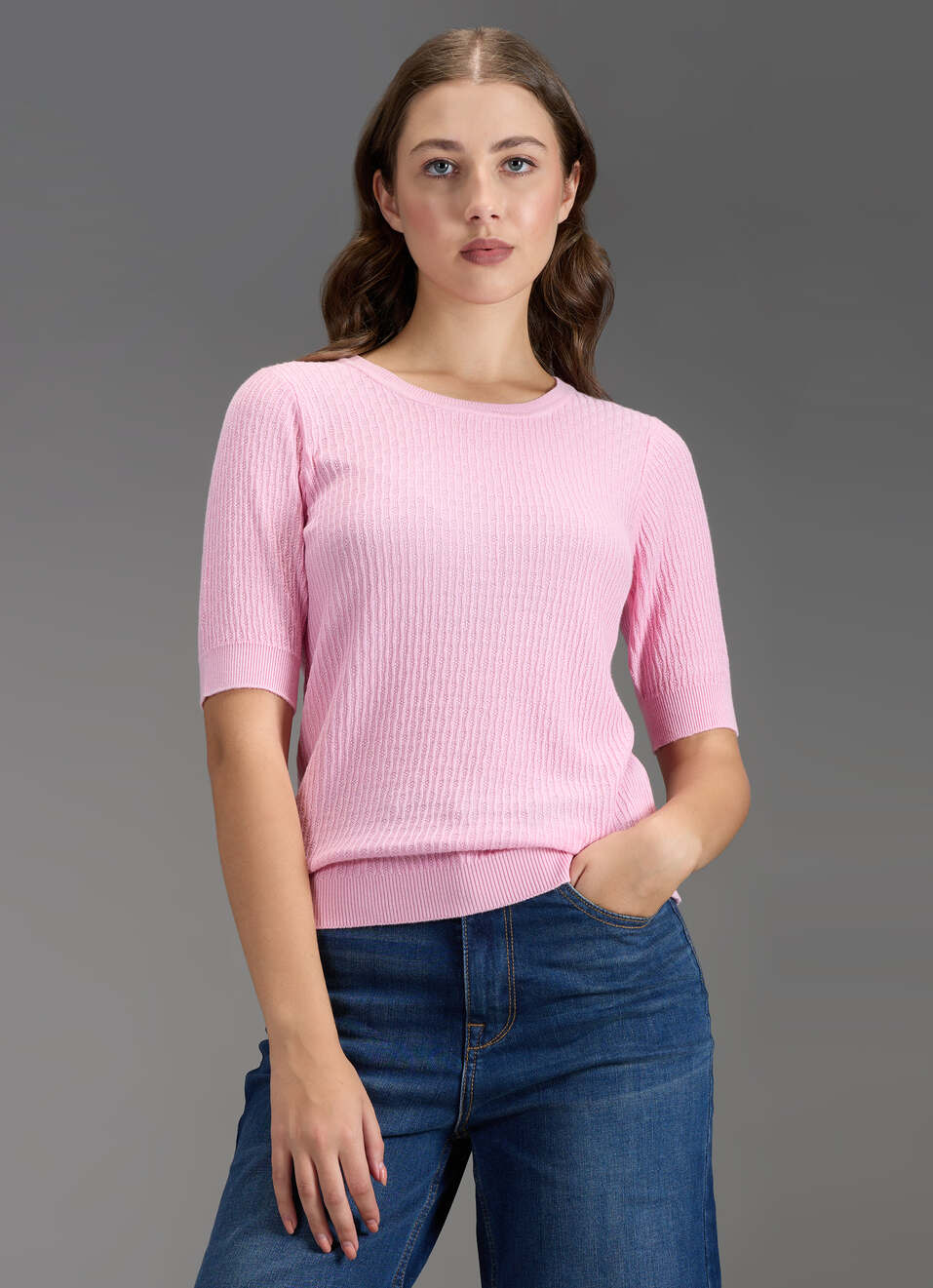 Women Pink Self Design Regular Fit Flat Knit Top, , large image number 5