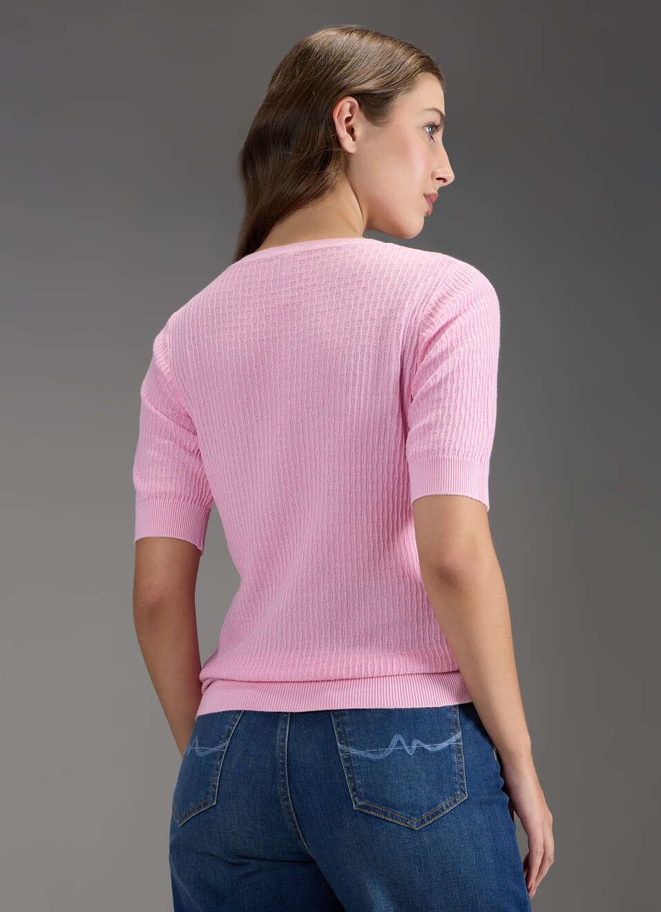 Women Pink Self Design Regular Fit Flat Knit Top, , large image number 6