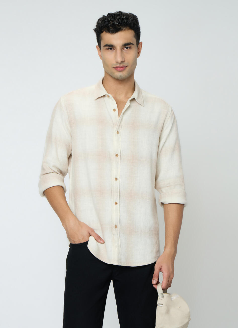 Men Off White Checked Shirt, , large image number 0