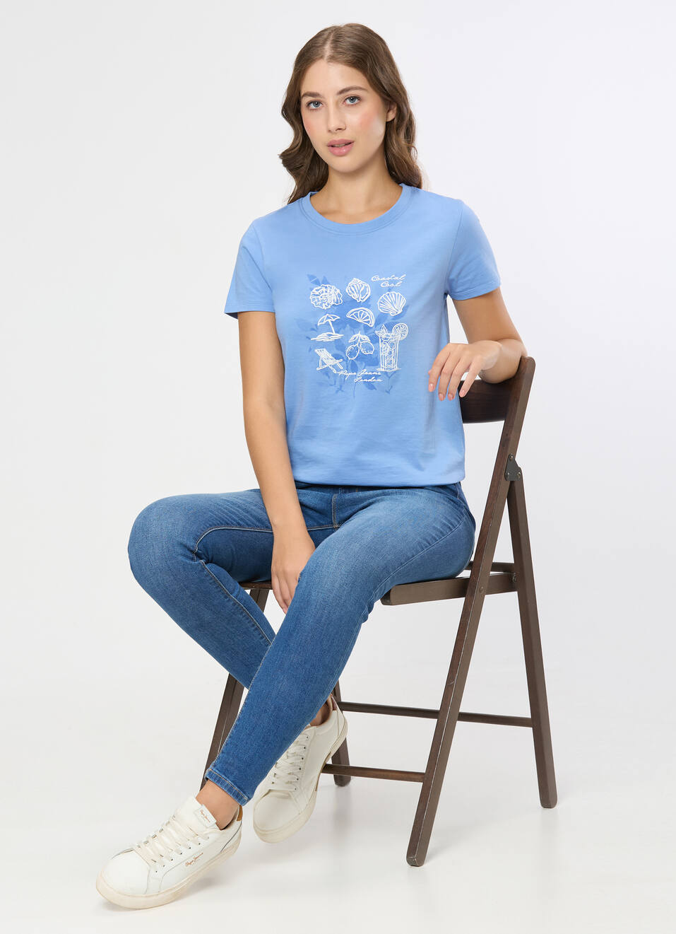 Women Blue Floral Print T-shirt, , large image number 5
