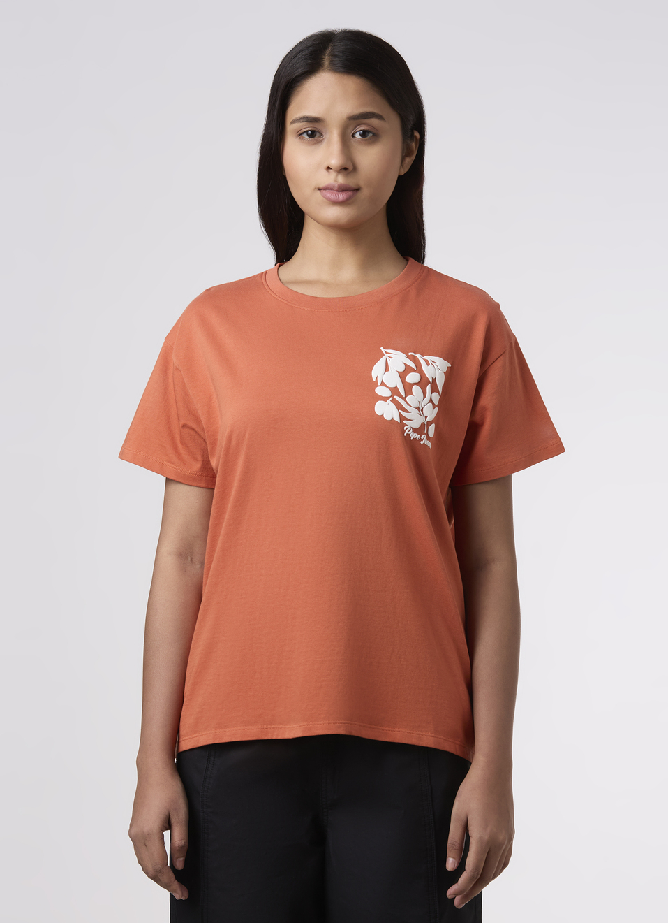 Women Orange Floral Placement Print Comfort Fit T-shirt, , large image number 1