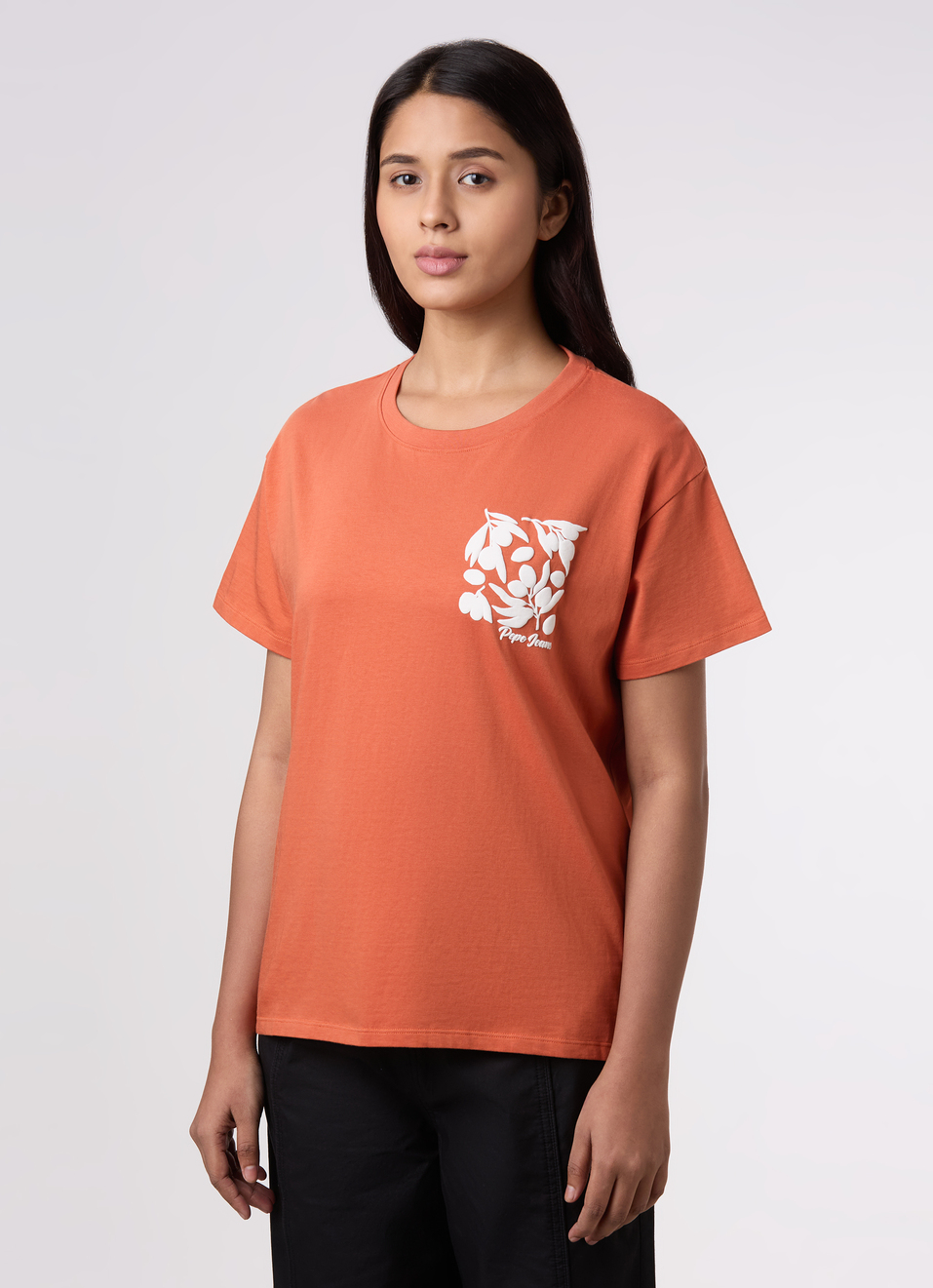 Women Orange Floral Placement Print Comfort Fit T-shirt, , large image number 3