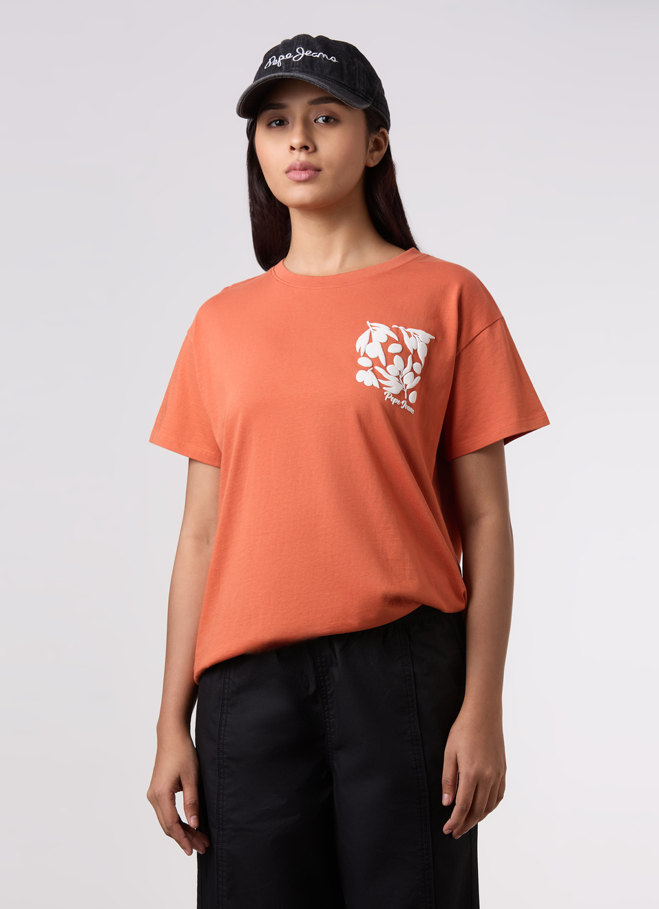 Women Orange Floral Placement Print Comfort Fit T-shirt, , large image number 0