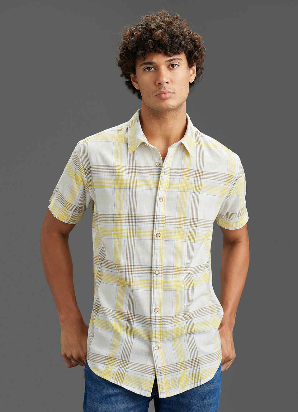 Men Yellow Regular Fit Checked Short Sleeve Shirt, , large image number 7