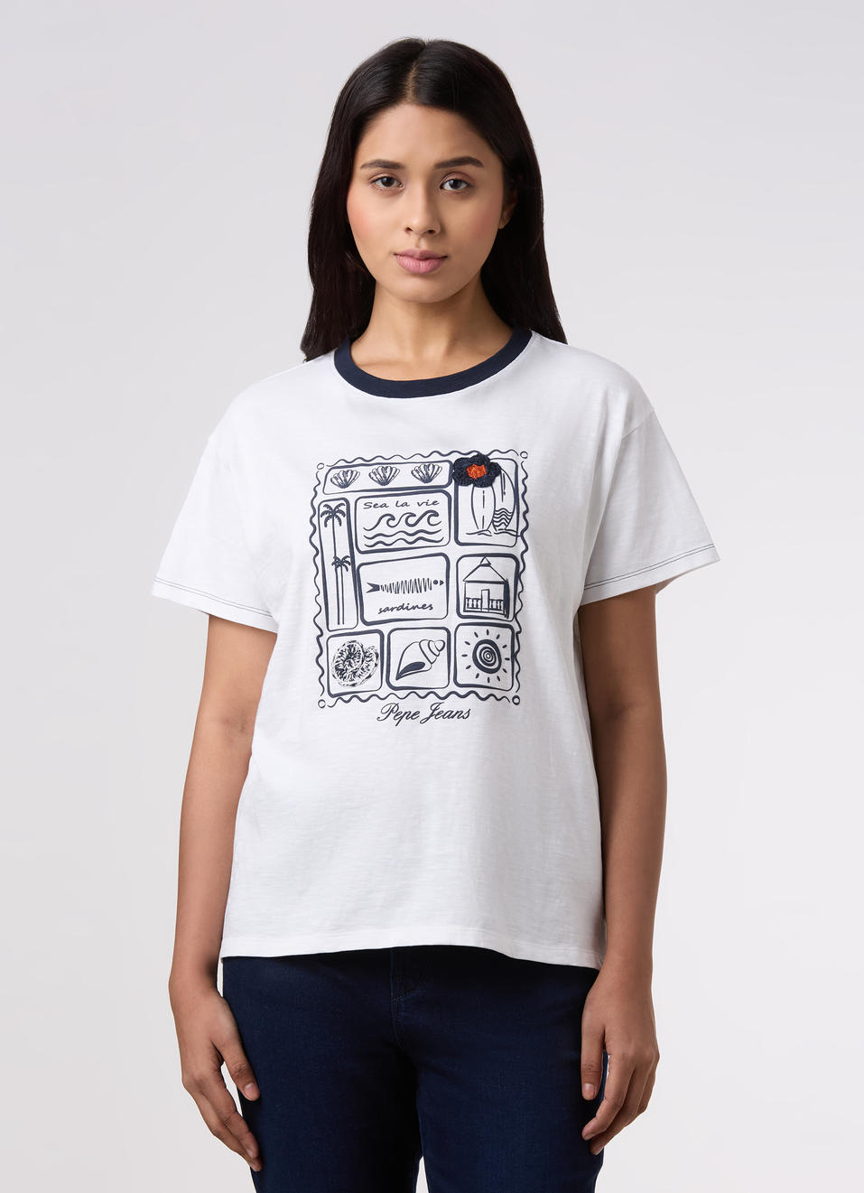 Women White Embroidered Comfort Fit T-shirt, , large image number 1
