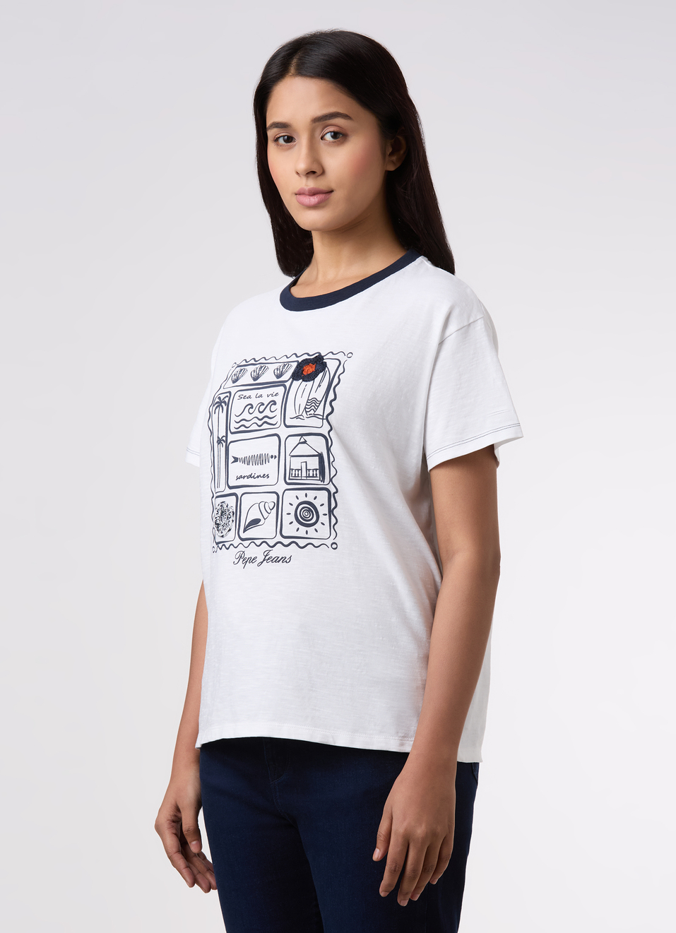 Women White Embroidered Comfort Fit T-shirt, , large image number 3
