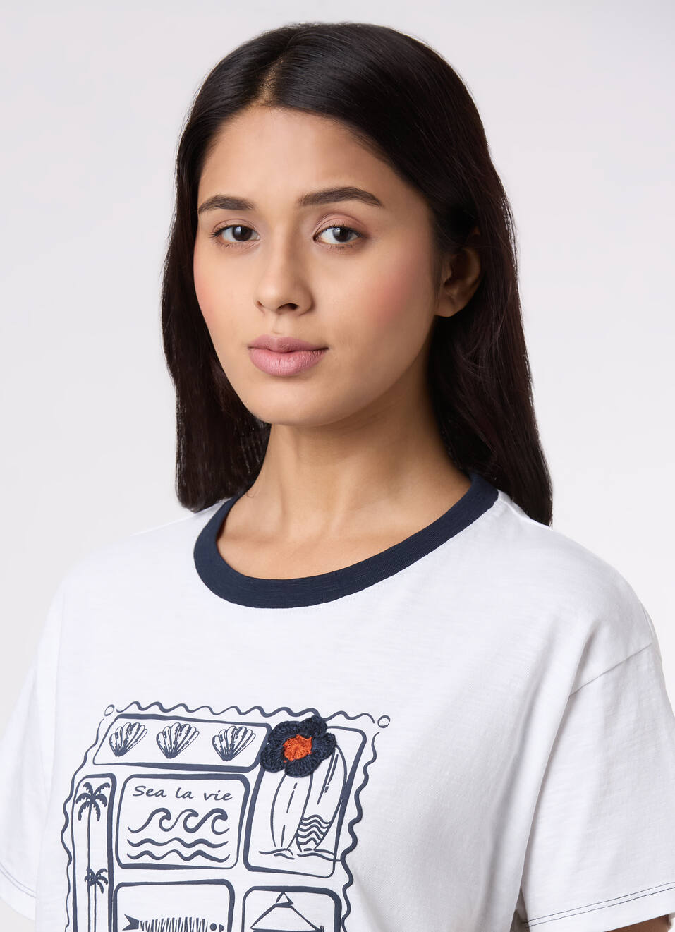 Women White Embroidered Comfort Fit T-shirt, , large image number 4