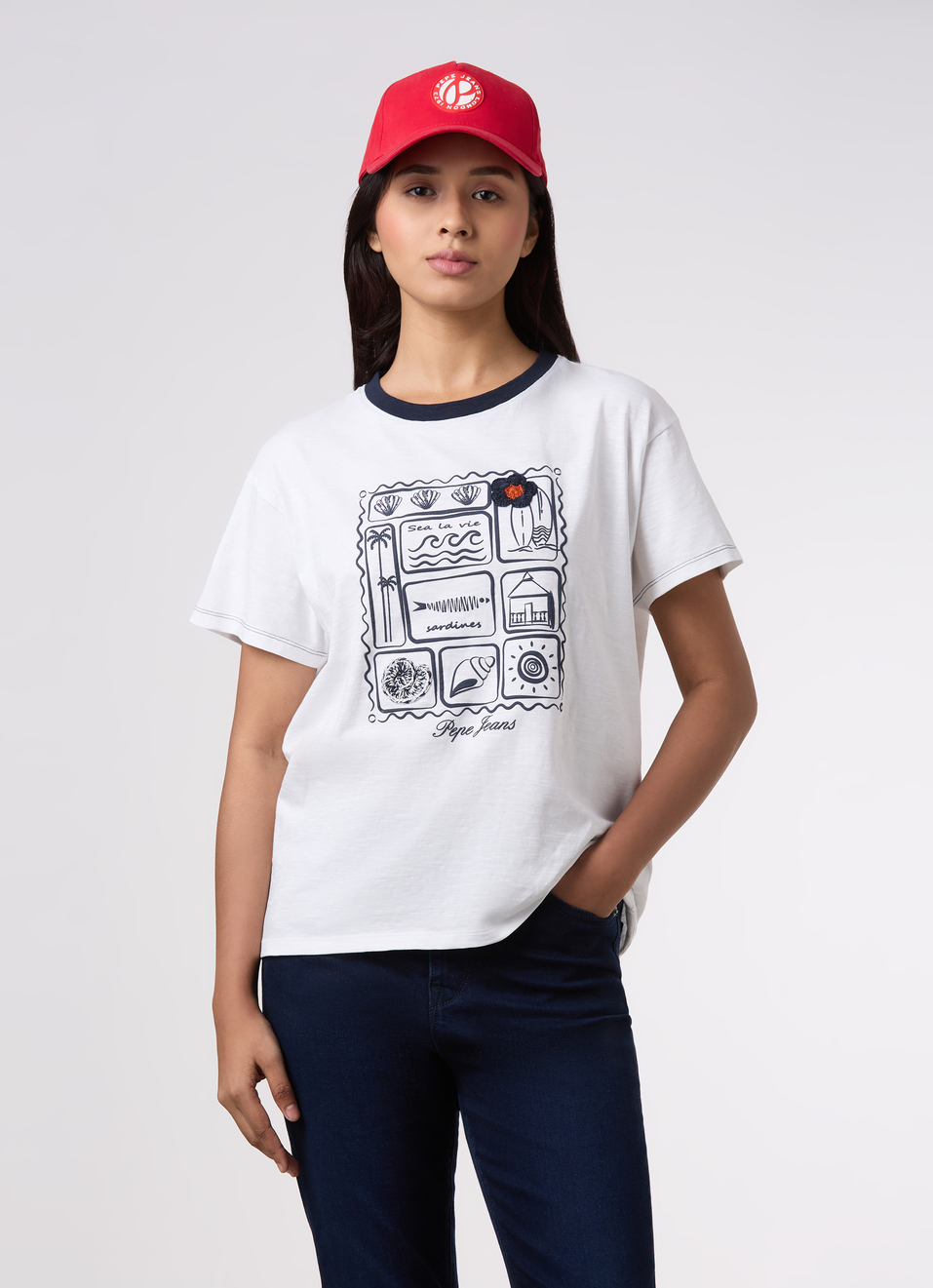 Women White Embroidered Comfort Fit T-shirt, , large image number 0