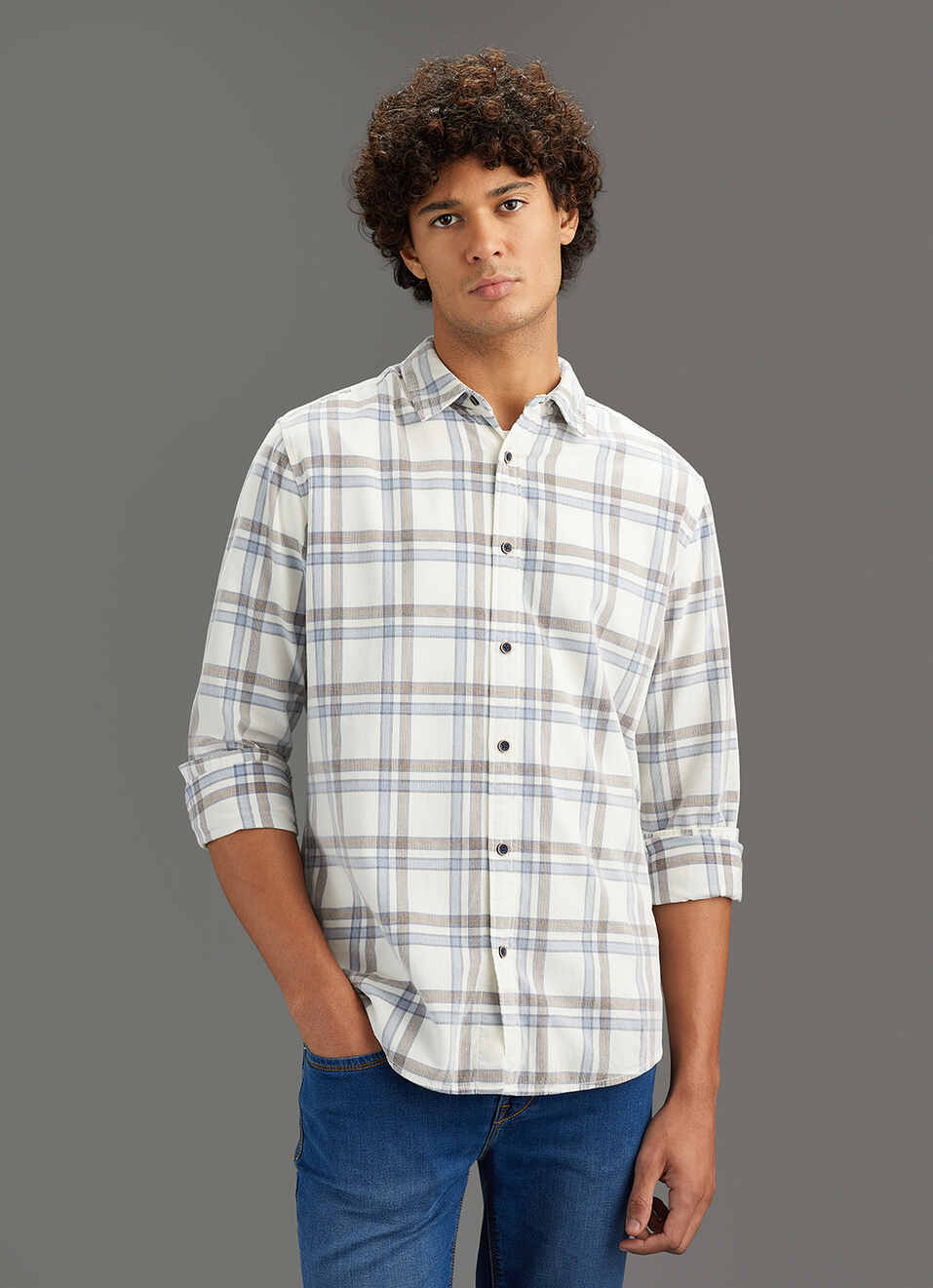 Men Blue Checked Regular Fit Corduroy Shirt, , large image number 5