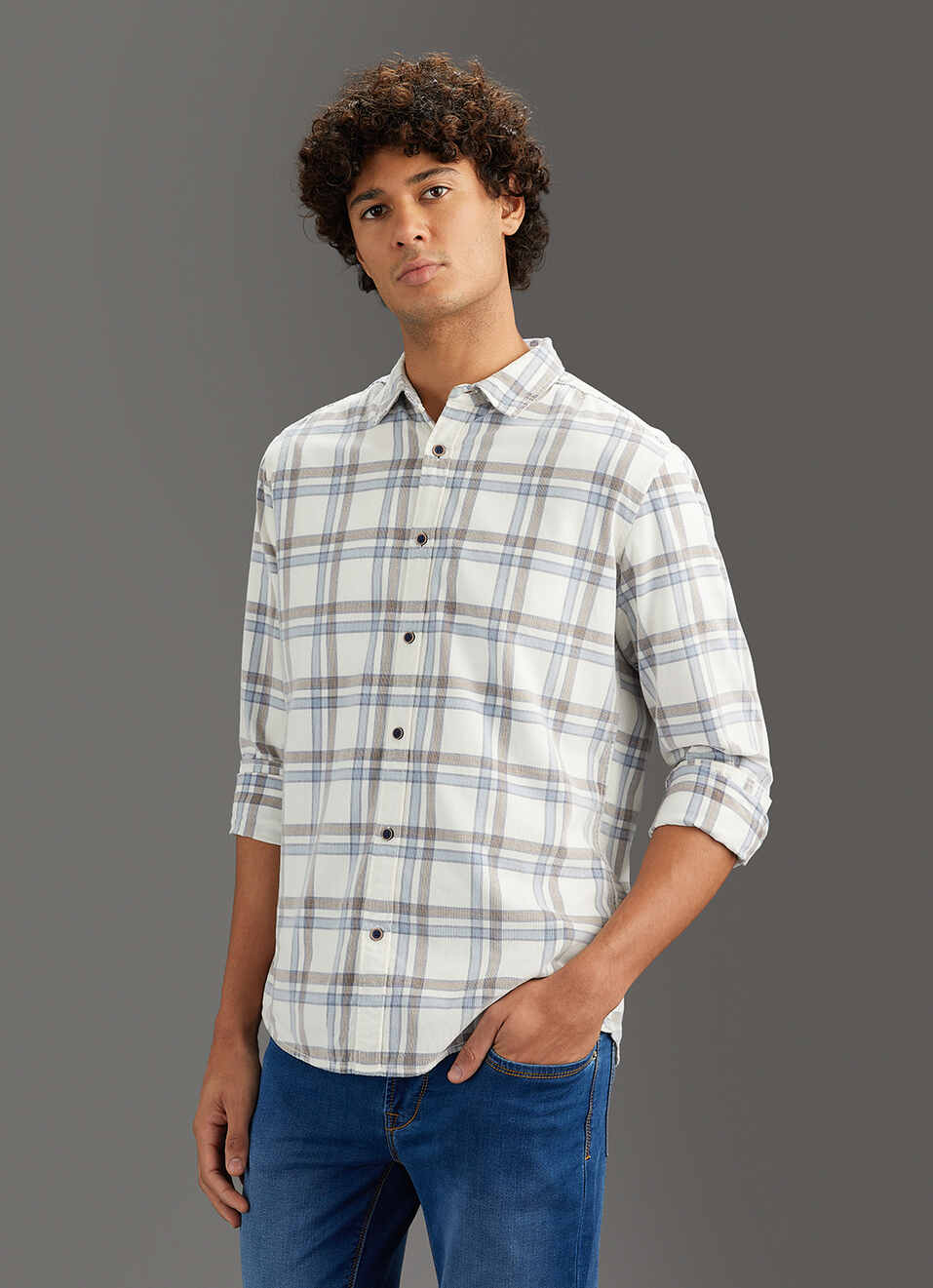 Men Blue Checked Regular Fit Corduroy Shirt, , large image number 7