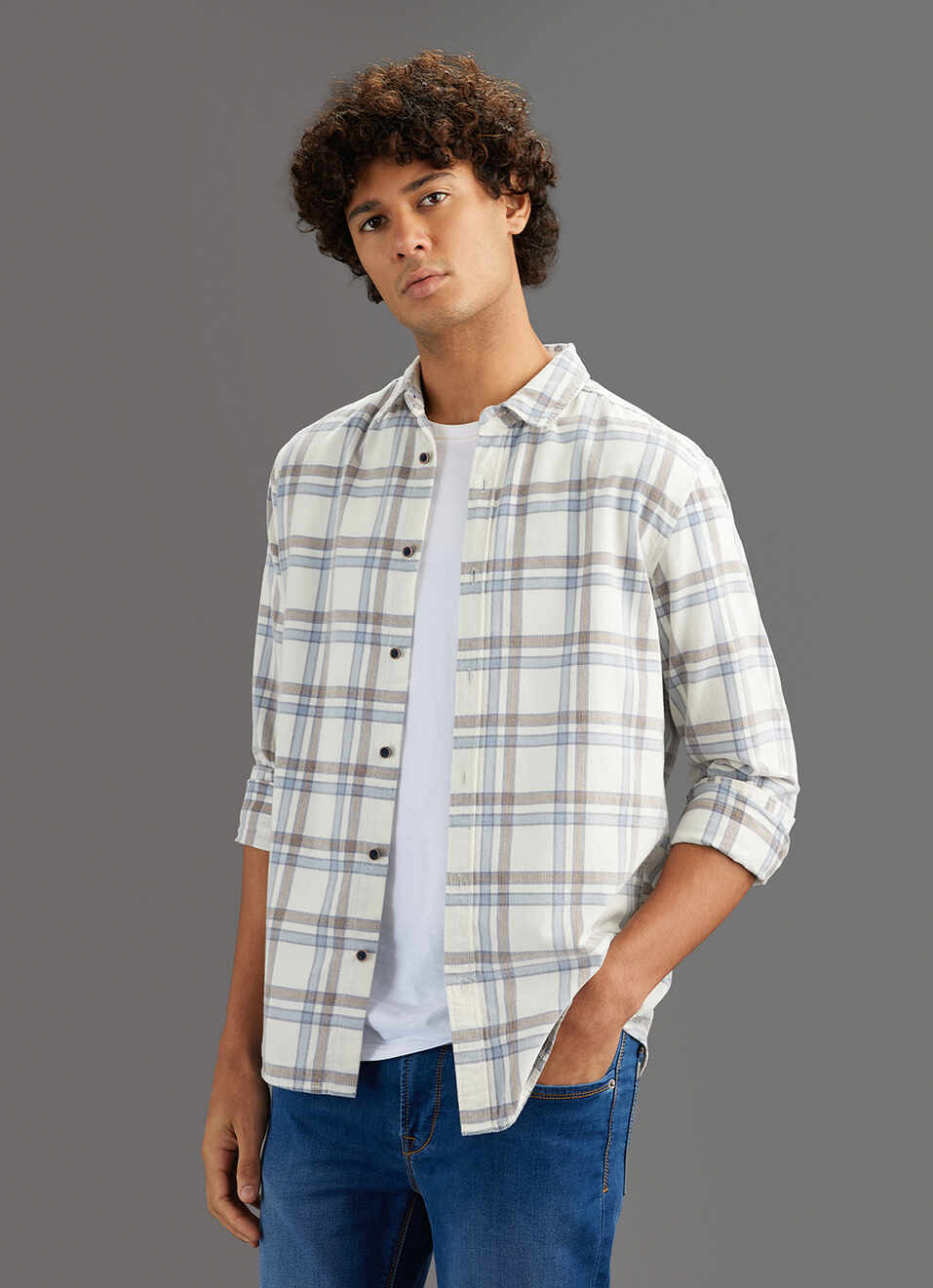 Men Blue Checked Regular Fit Corduroy Shirt, , large image number 0