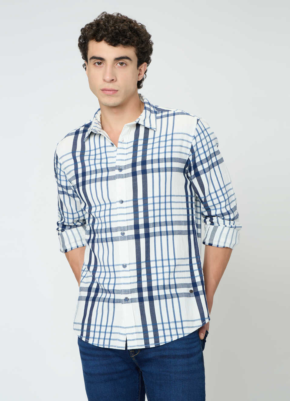 Men Blue Checked Regular Fit Full Sleeve Casual Shirt, , large image number 1