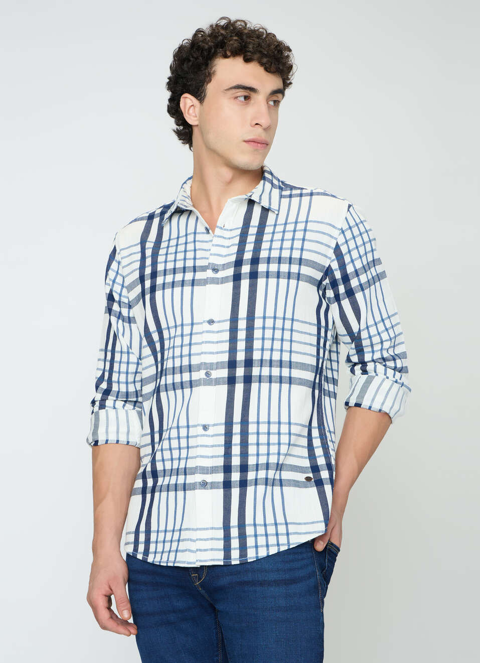 Men Blue Checked Regular Fit Full Sleeve Casual Shirt, , large image number 3