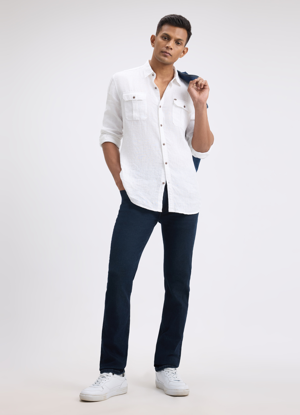 Men White Solid Regular Fit Linen Shirt, , large image number 2