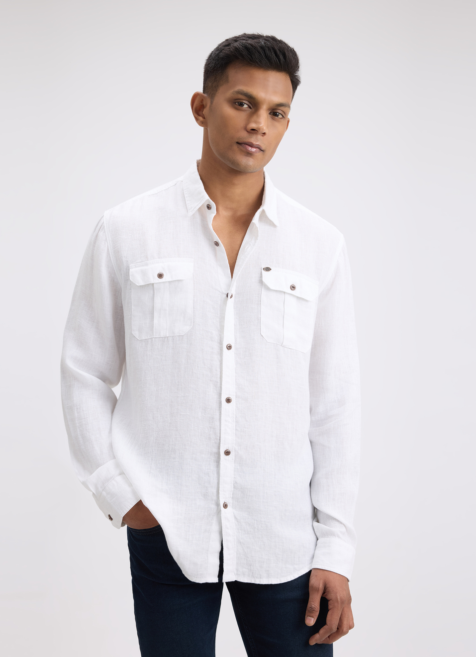 Men White Solid Regular Fit Linen Shirt, , large image number 3
