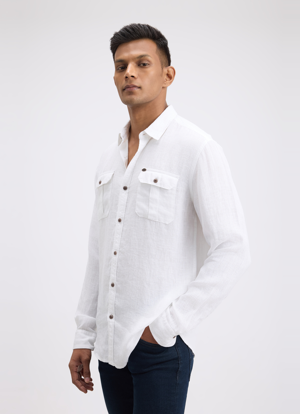 Men White Solid Regular Fit Linen Shirt, , large image number 5