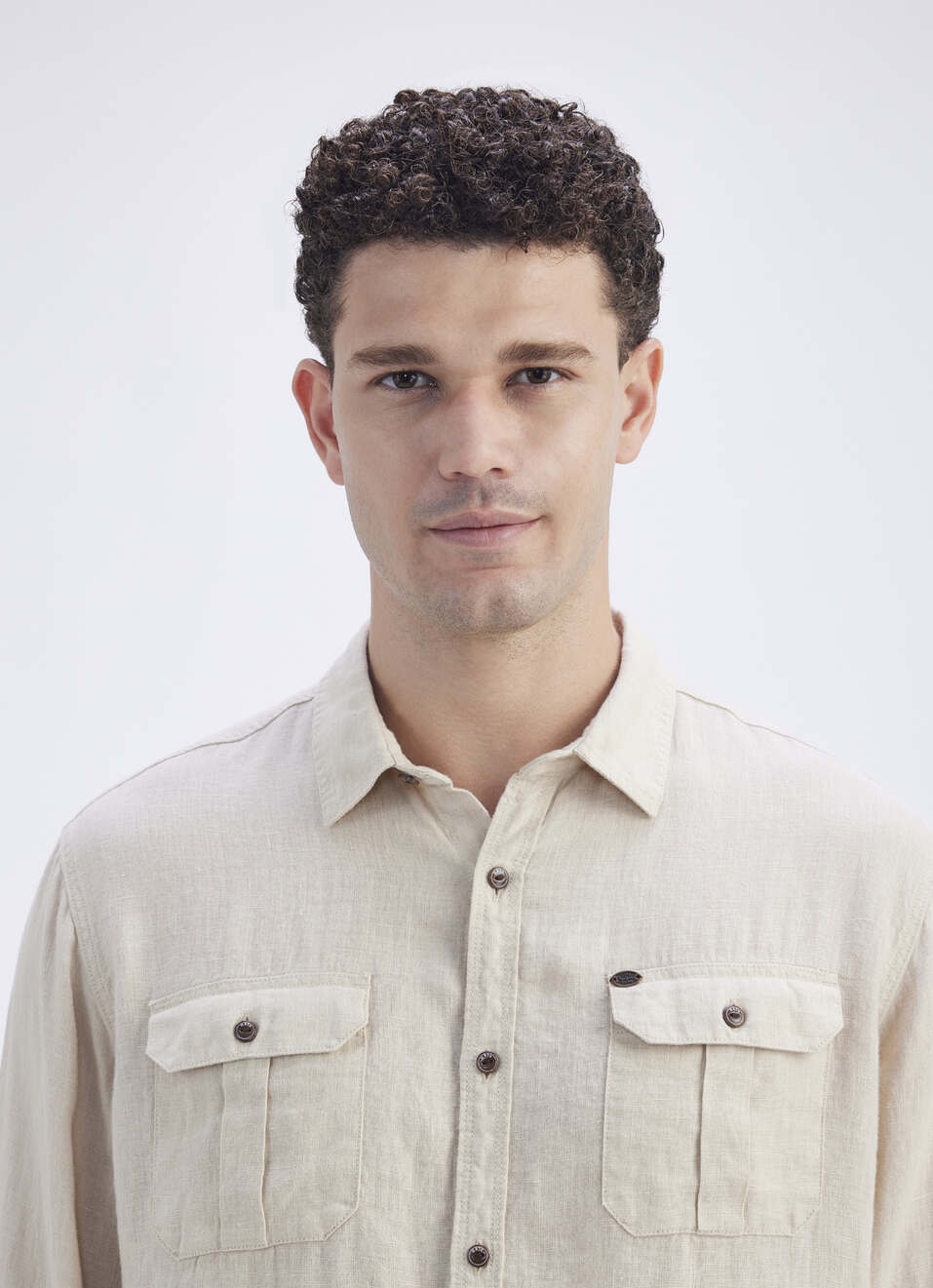 Men Beige Solid Regular Fit Linen Shirt, , large image number 1