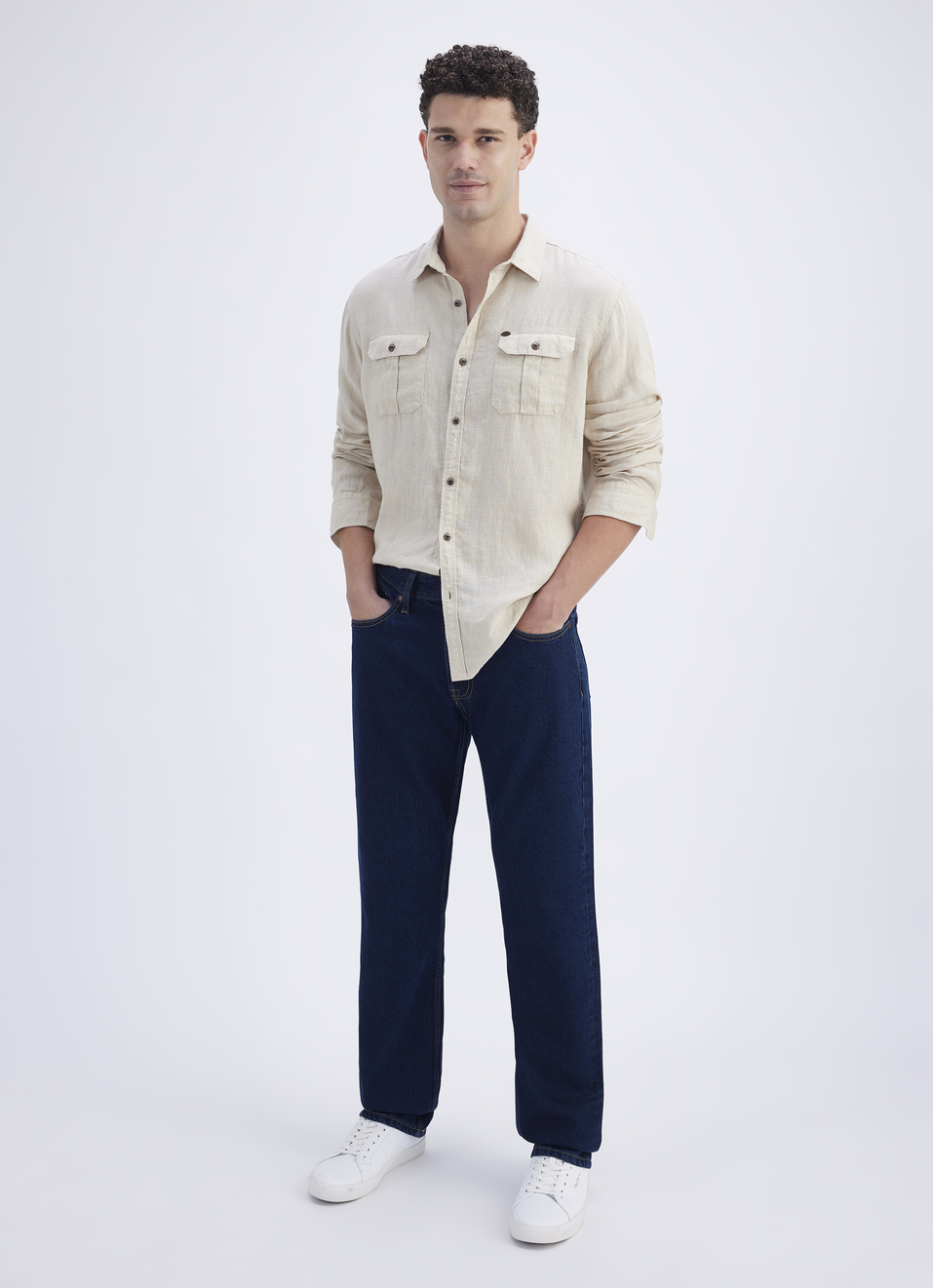 Men Beige Solid Regular Fit Linen Shirt, , large image number 2
