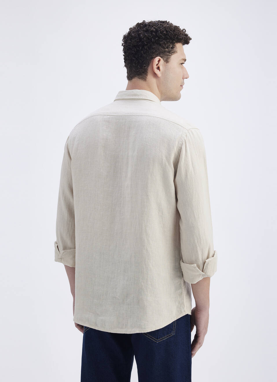 Men Beige Solid Regular Fit Linen Shirt, , large image number 4