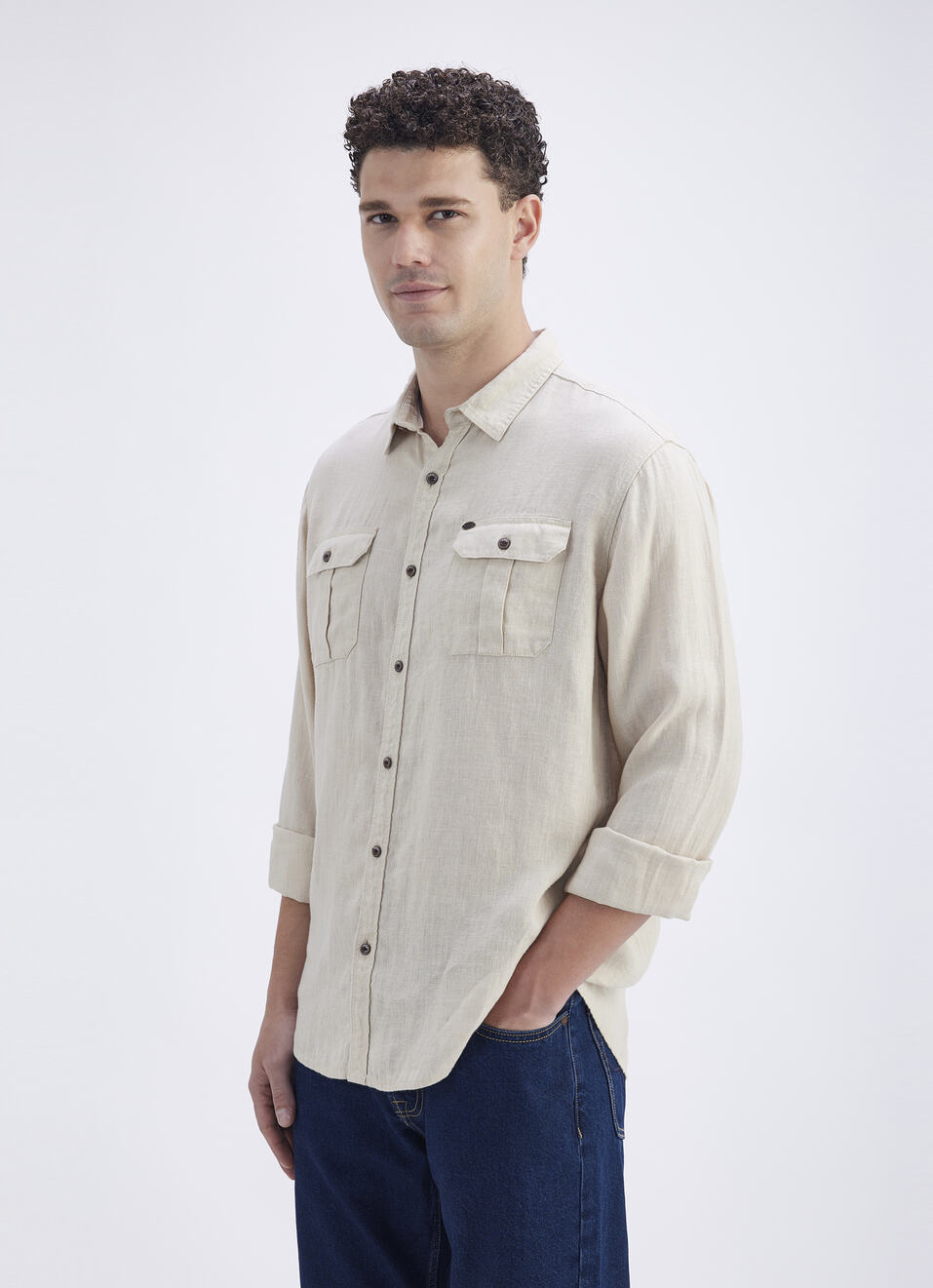 Men Beige Solid Regular Fit Linen Shirt, , large image number 5