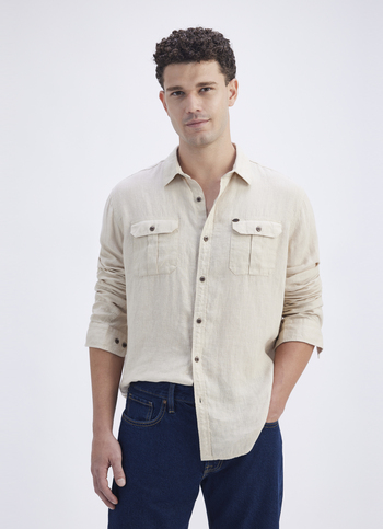 Men Beige Solid Regular Fit Linen Shirt