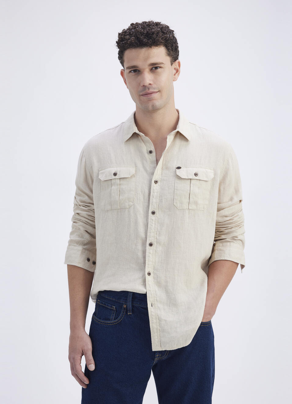 Men Beige Solid Regular Fit Linen Shirt, , large image number 0