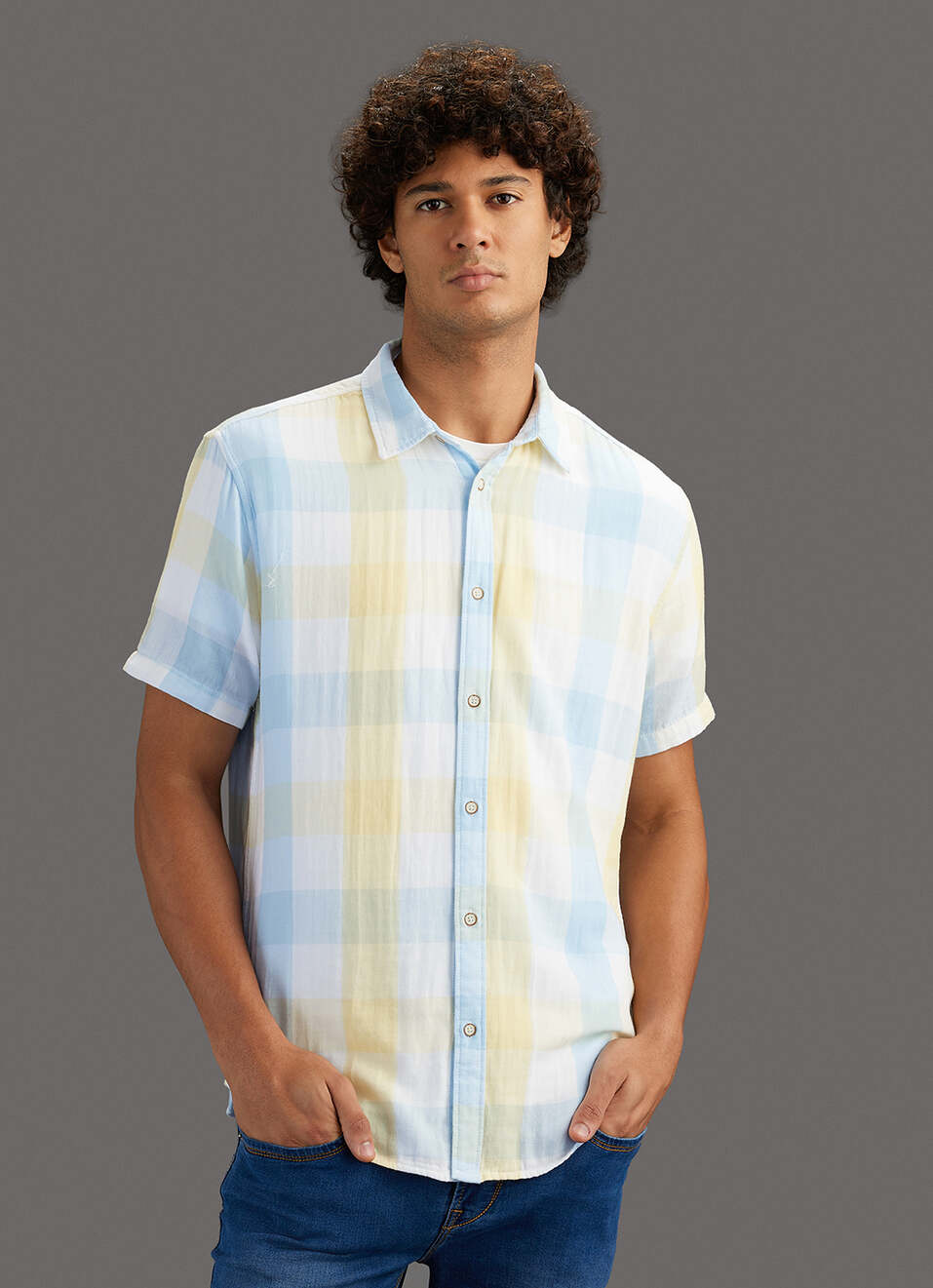 Men Yellow Checked Regular Fit Shirt, , large image number 5