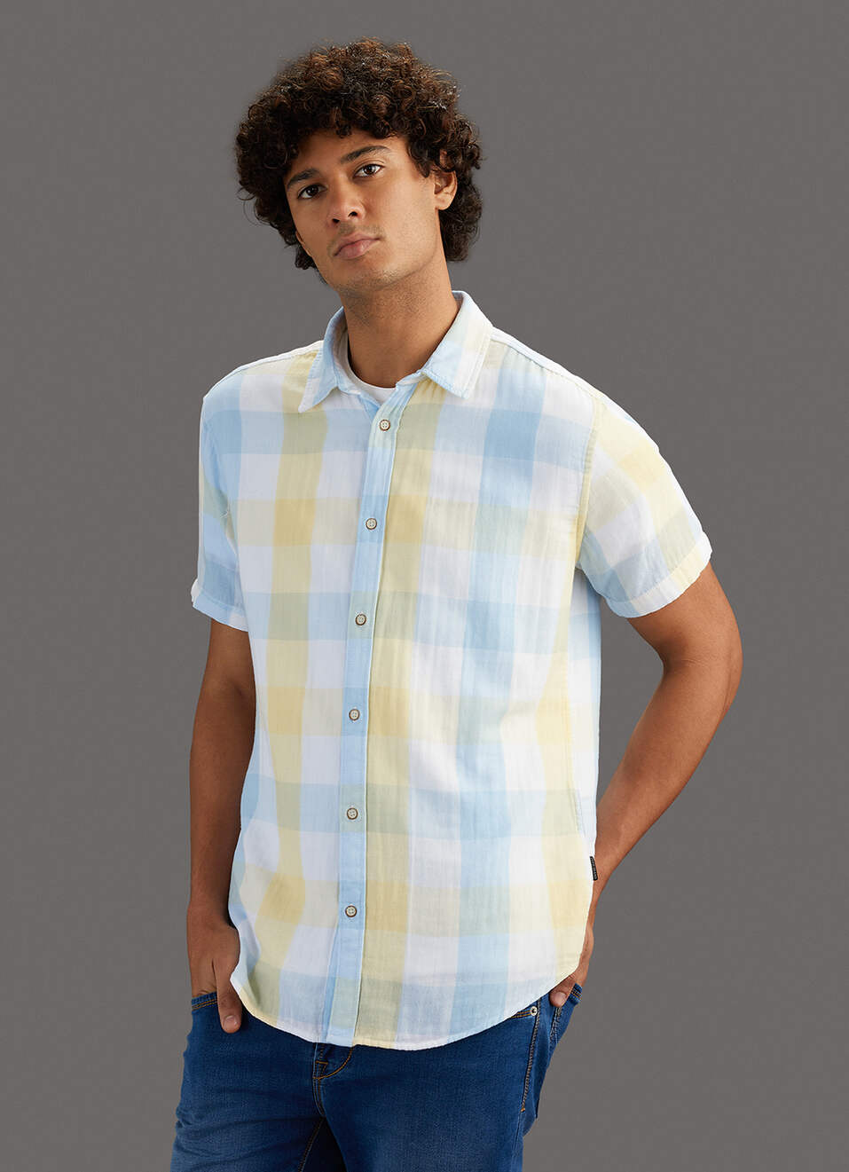 Men Yellow Checked Regular Fit Shirt, , large image number 7