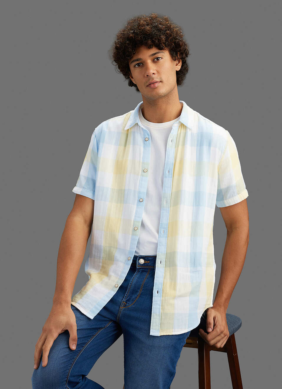 Men Yellow Checked Regular Fit Shirt, , large image number 0