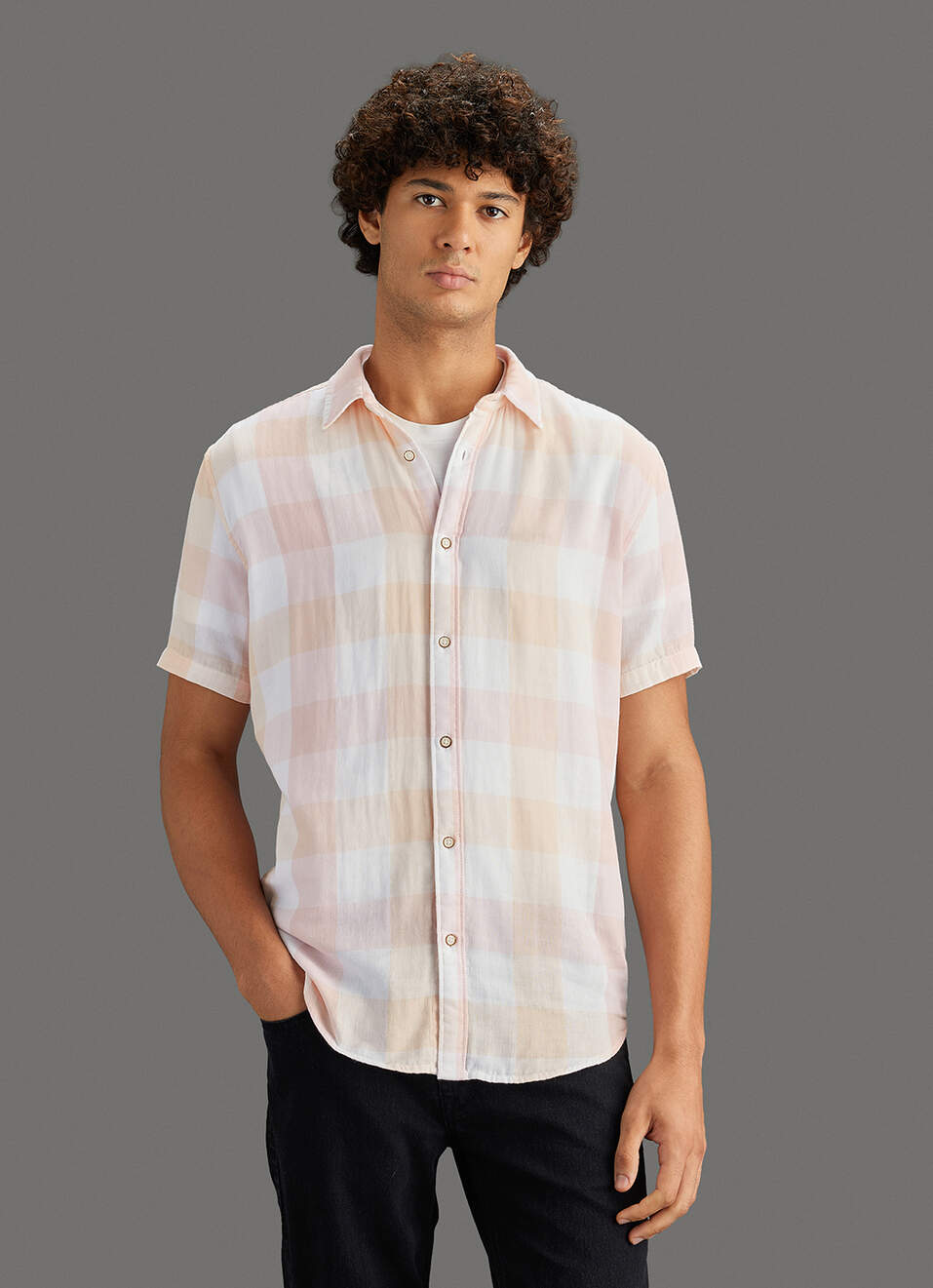 Men Peach Checked Regular Fit Shirt, , large image number 5
