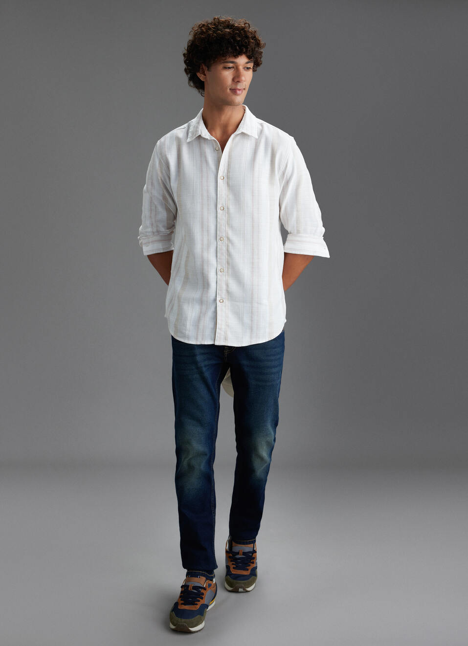 Men Beige Striped Regular Fit Full Sleeve Casual Shirt, , large image number 2