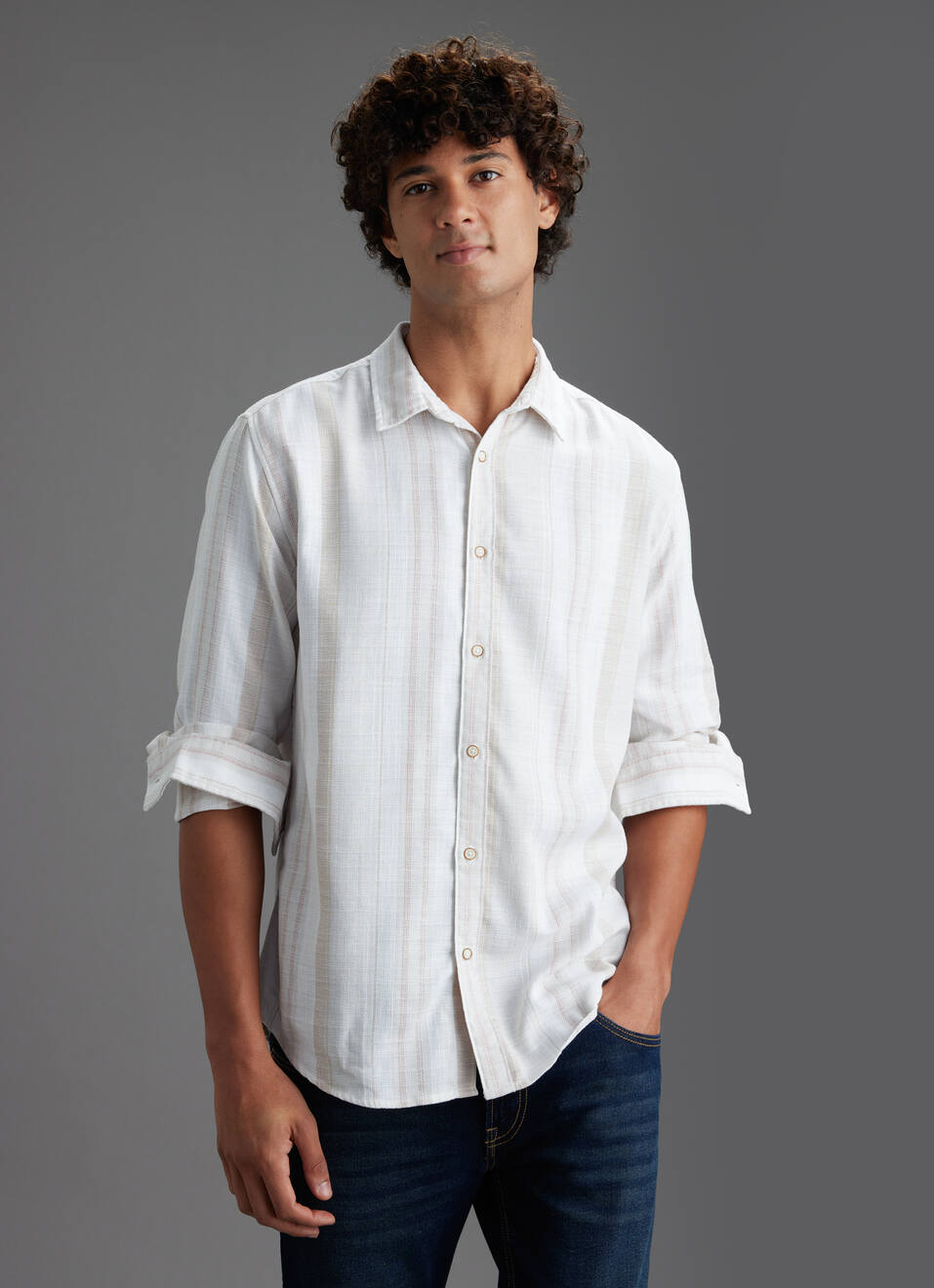 Men Beige Striped Regular Fit Full Sleeve Casual Shirt, , large image number 5