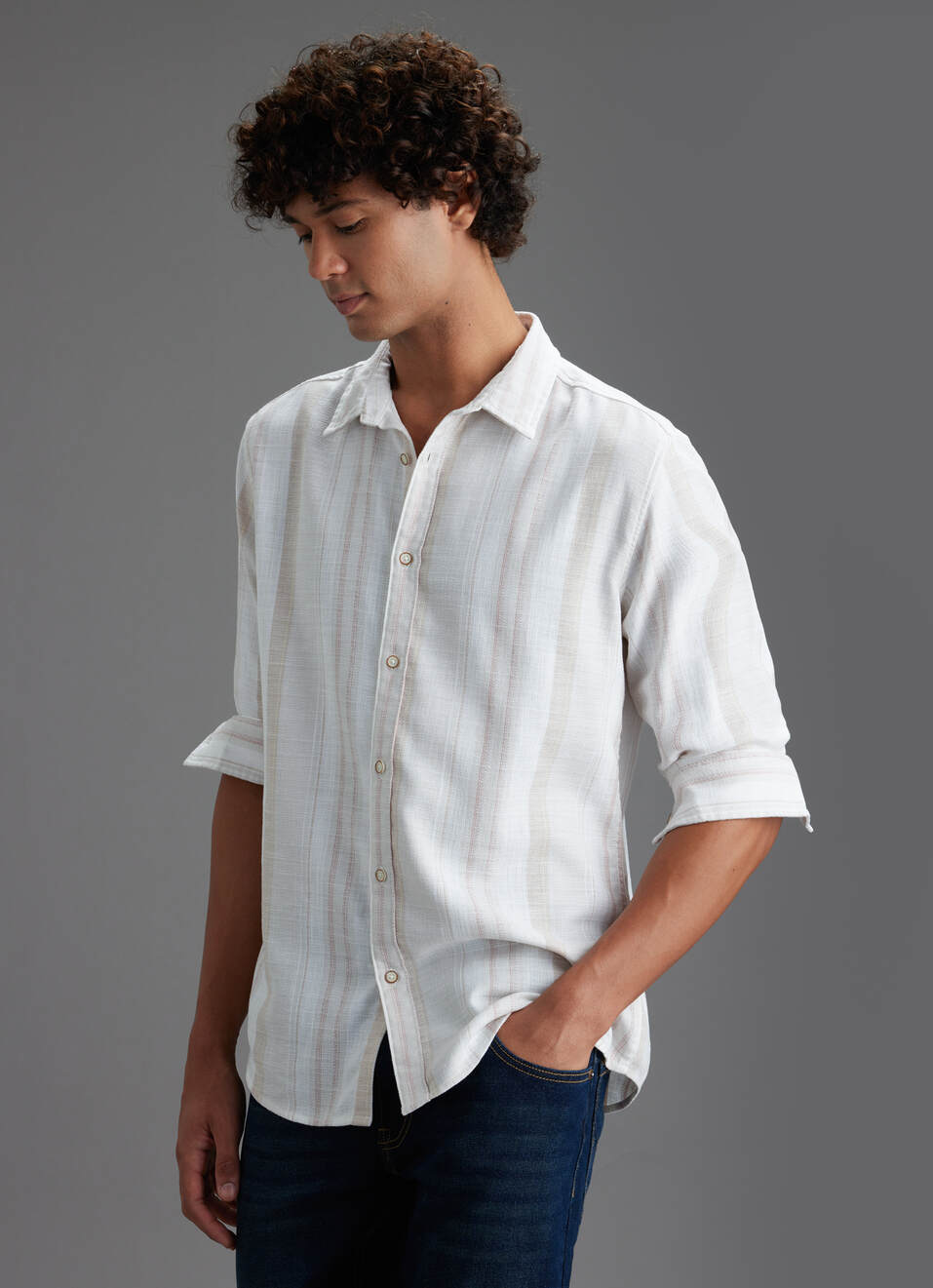 Men Beige Striped Regular Fit Full Sleeve Casual Shirt, , large image number 7