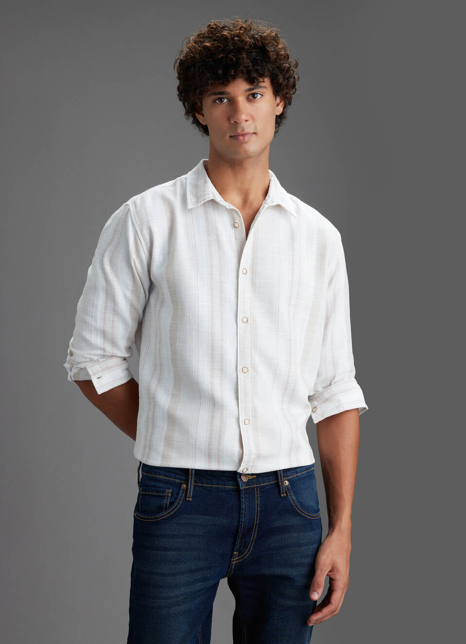 Men Beige Striped Regular Fit Full Sleeve Casual Shirt, , large image number 0