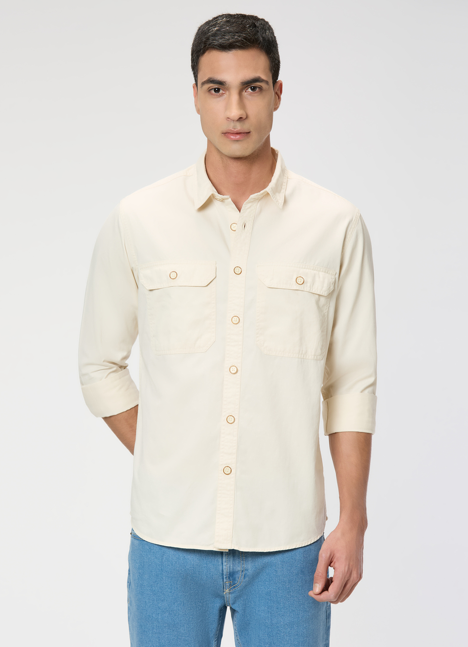 Men Beige Textured Full Sleeve Shirt, , large image number 1