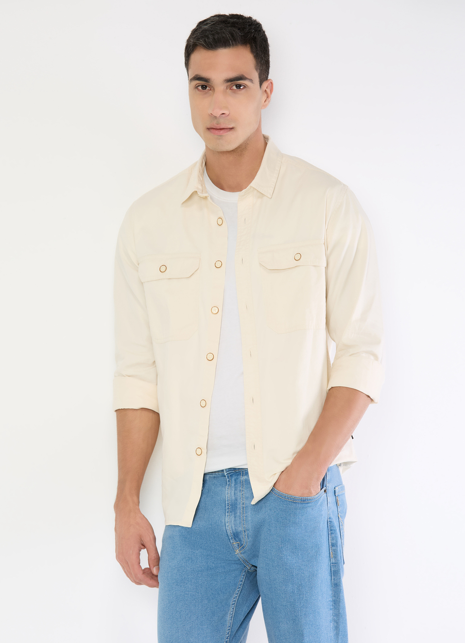 Men Beige Textured Full Sleeve Shirt, , large image number 0