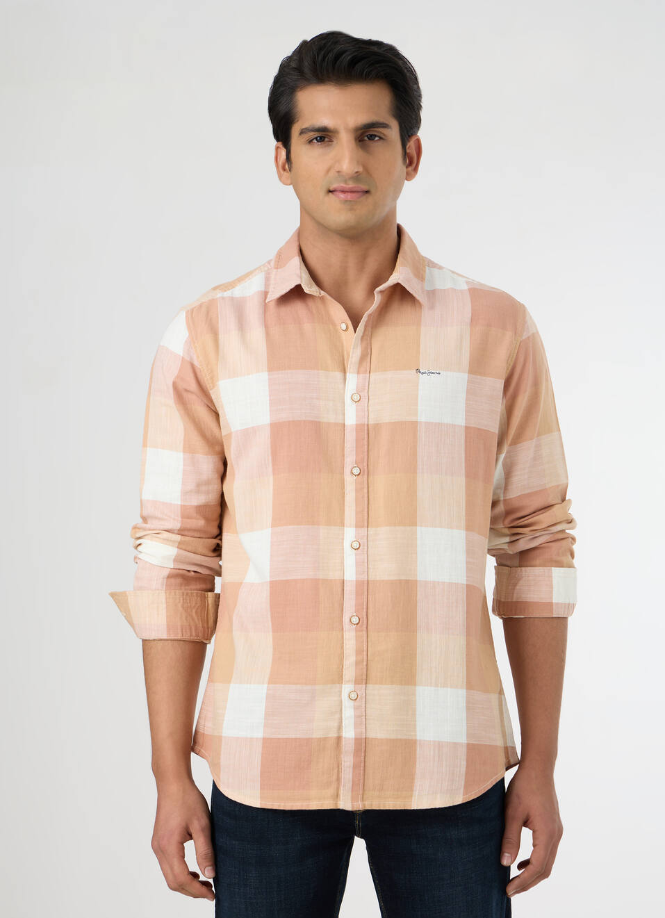 Men Peach Orange Checked Shirt, , large image number 1