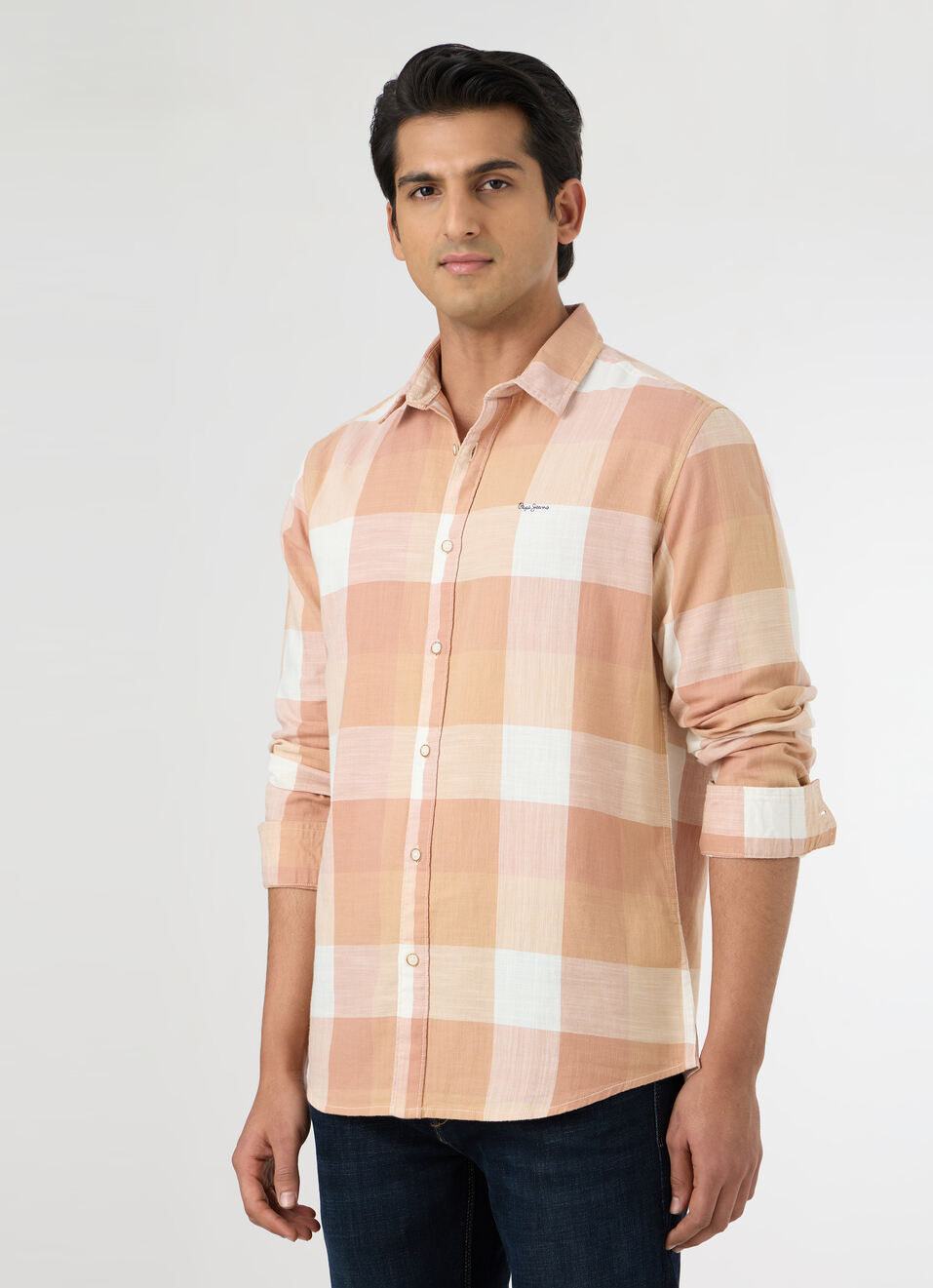 Men Peach Orange Checked Shirt, , large image number 3