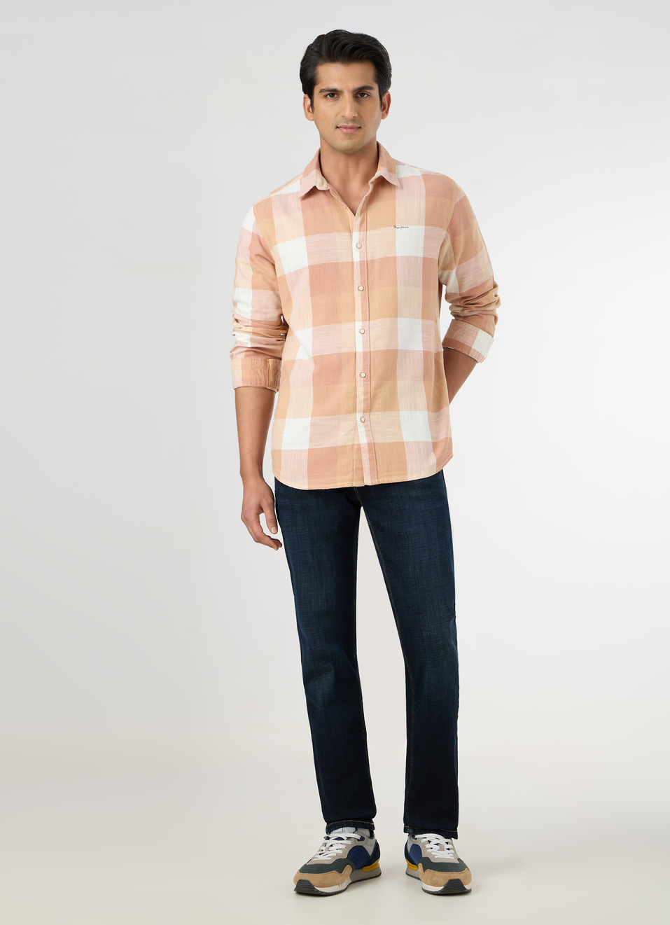 Men Peach Orange Checked Shirt, , large image number 5