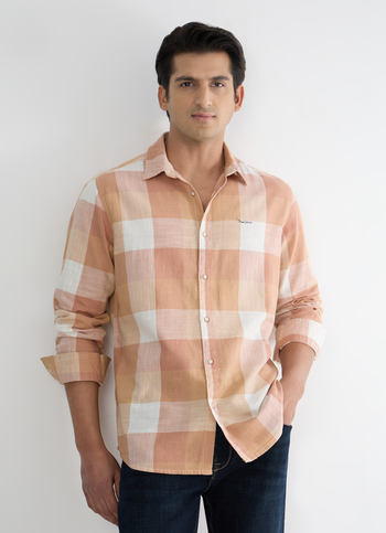 Men Peach Orange Checked Shirt