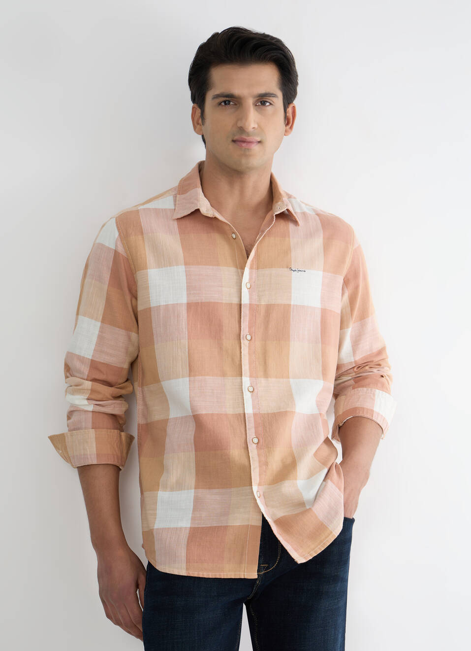 Men Peach Orange Checked Shirt, , large image number 0